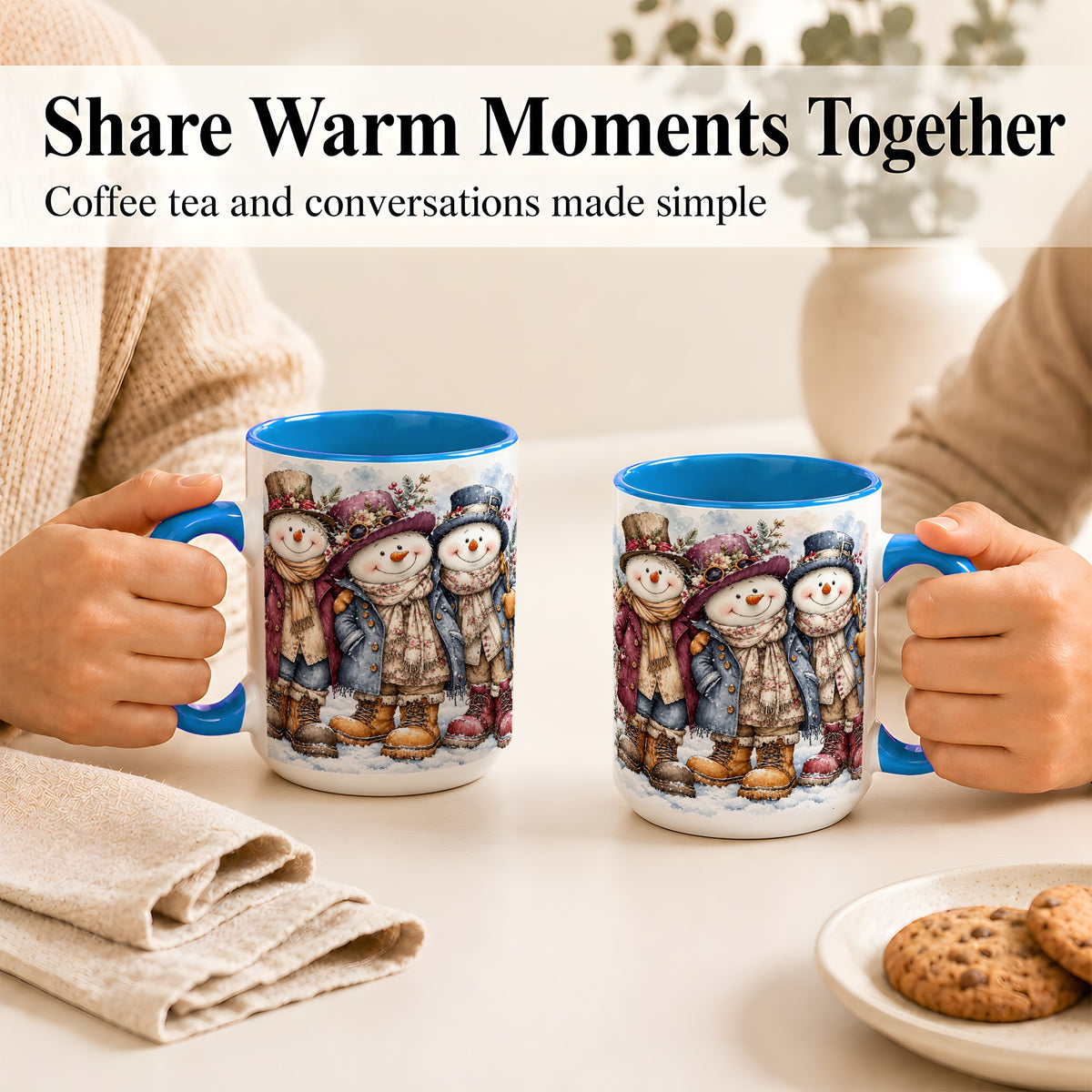 #pl[15oz|Blue] Vintage Snowman Trio Coffee Mug, Classic Winter Mug, Ceramic Cup