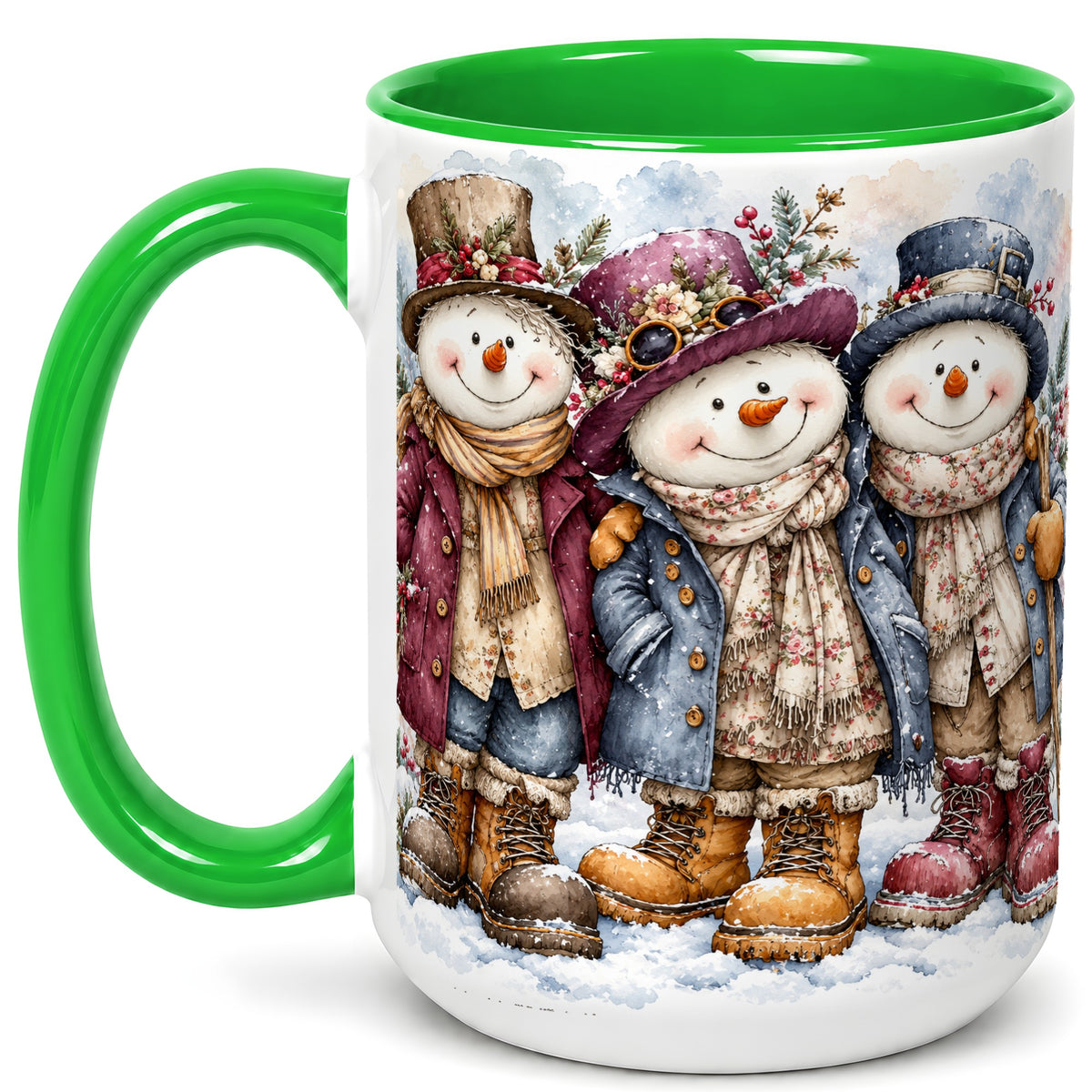 #pl[15oz|Green] Vintage Snowman Trio Coffee Mug, Classic Winter Mug, Ceramic Cup