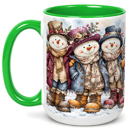 #pl[15oz|Green] Vintage Snowman Trio Coffee Mug, Classic Winter Mug, Ceramic Cup