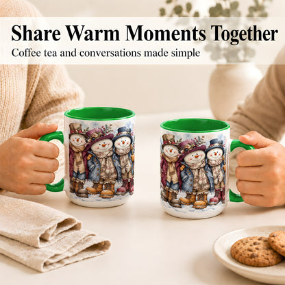 #pl[15oz|Green] Vintage Snowman Trio Coffee Mug, Classic Winter Mug, Ceramic Cup
