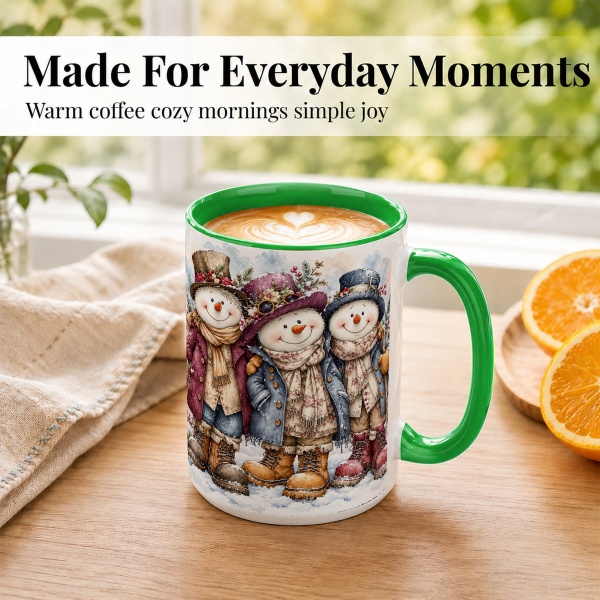 #pl[15oz|Green] Vintage Snowman Trio Coffee Mug, Classic Winter Mug, Ceramic Cup