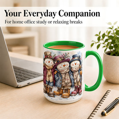 #pl[15oz|Green] Vintage Snowman Trio Coffee Mug, Classic Winter Mug, Ceramic Cup