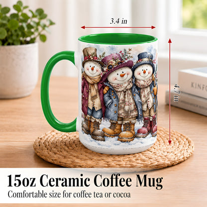 #pl[15oz|Green] Vintage Snowman Trio Coffee Mug, Classic Winter Mug, Ceramic Cup