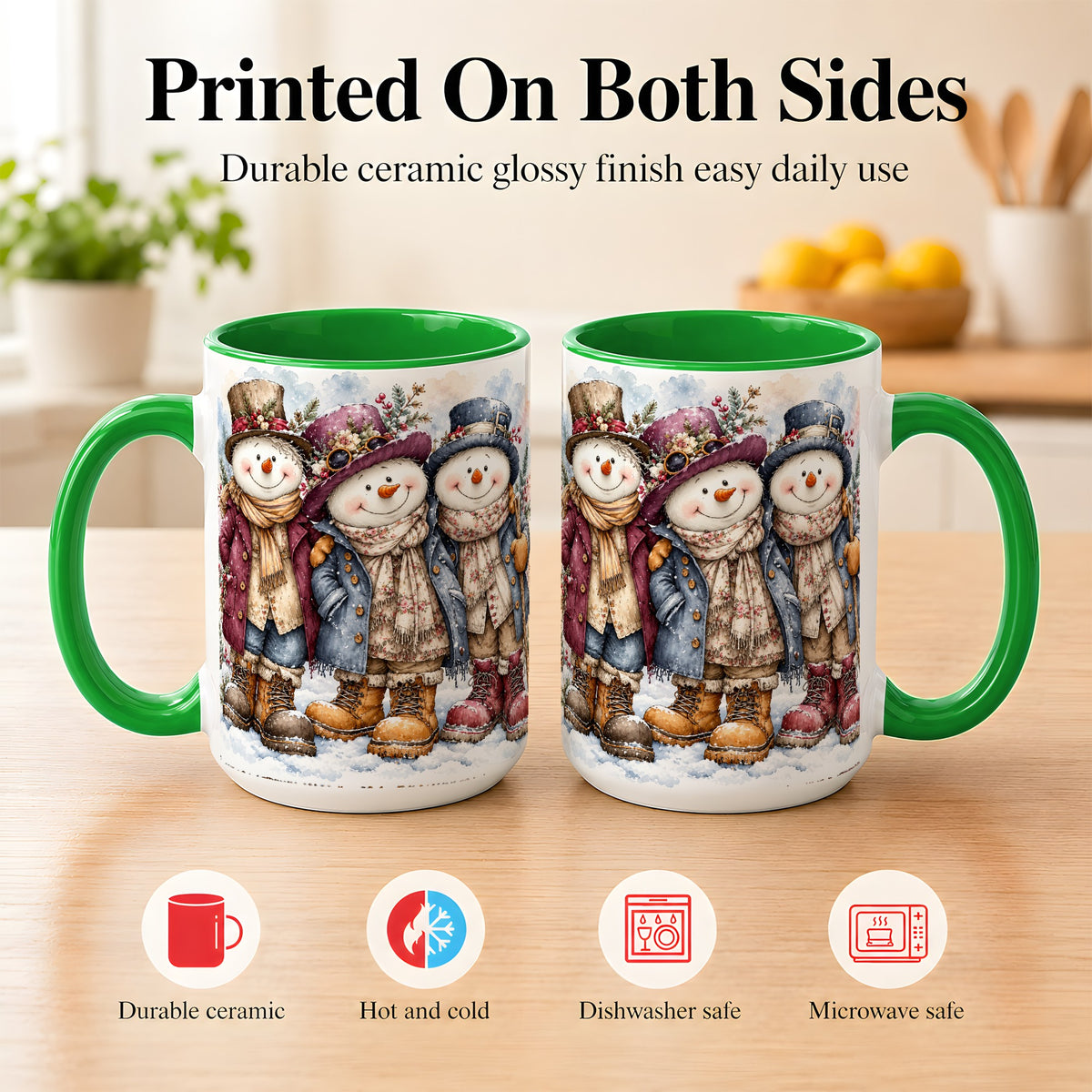 #pl[15oz|Green] Vintage Snowman Trio Coffee Mug, Classic Winter Mug, Ceramic Cup