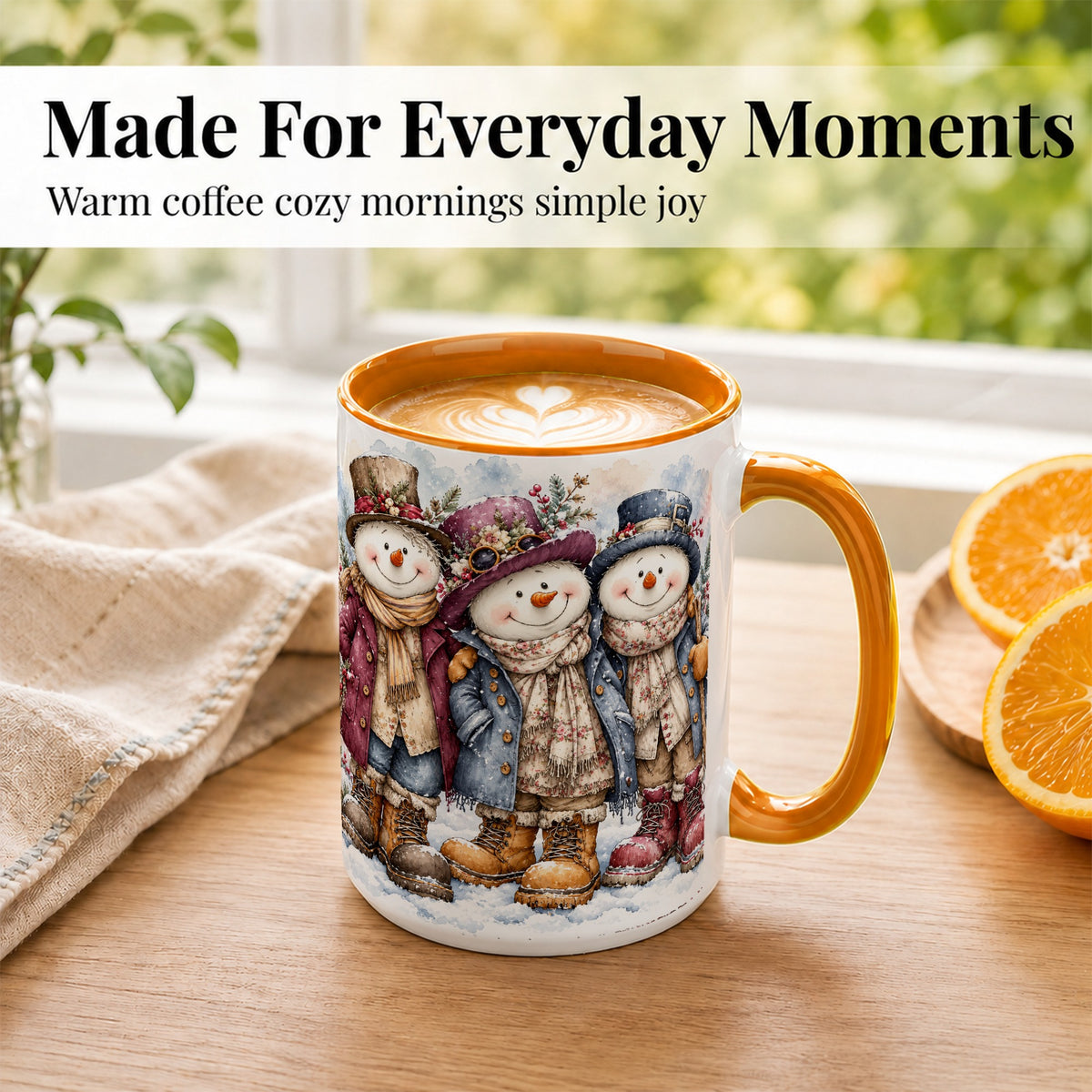 #pl[15oz|Orange] Vintage Snowman Trio Coffee Mug, Classic Winter Mug, Ceramic Cup