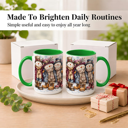 #pl[15oz|Green] Vintage Snowman Trio Coffee Mug, Classic Winter Mug, Ceramic Cup