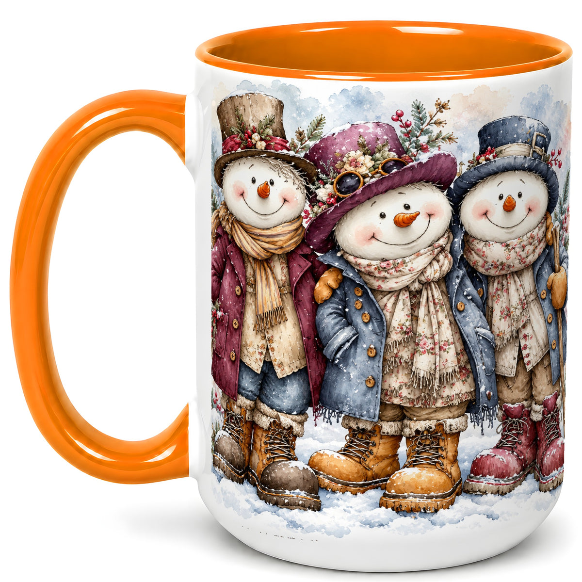 #pl[15oz|Orange] Vintage Snowman Trio Coffee Mug, Classic Winter Mug, Ceramic Cup