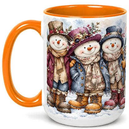 #pl[15oz|Orange] Vintage Snowman Trio Coffee Mug, Classic Winter Mug, Ceramic Cup