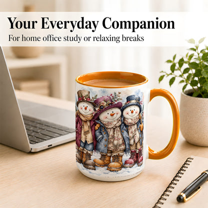 #pl[15oz|Orange] Vintage Snowman Trio Coffee Mug, Classic Winter Mug, Ceramic Cup