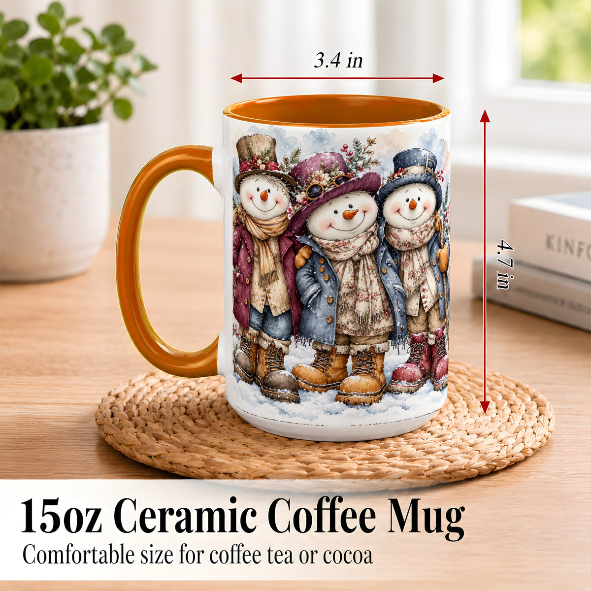 #pl[15oz|Orange] Vintage Snowman Trio Coffee Mug, Classic Winter Mug, Ceramic Cup