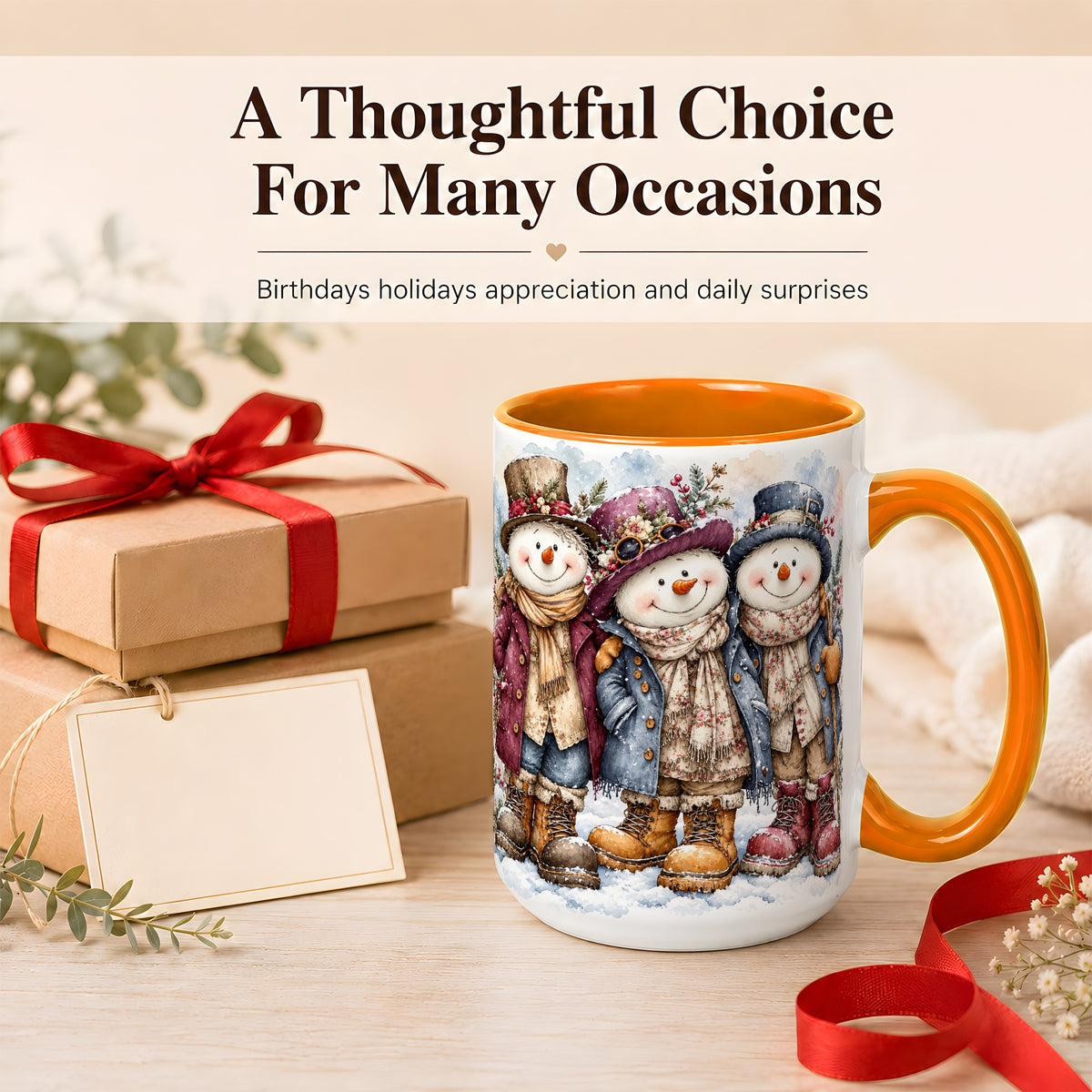 #pl[15oz|Orange] Vintage Snowman Trio Coffee Mug, Classic Winter Mug, Ceramic Cup