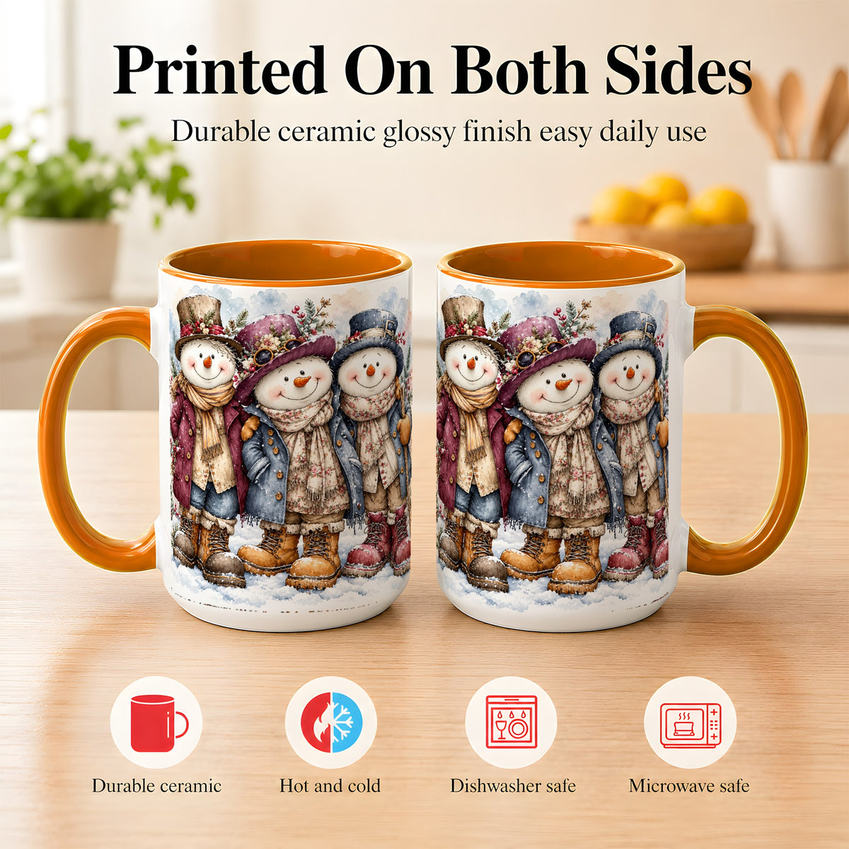 #pl[15oz|Orange] Vintage Snowman Trio Coffee Mug, Classic Winter Mug, Ceramic Cup