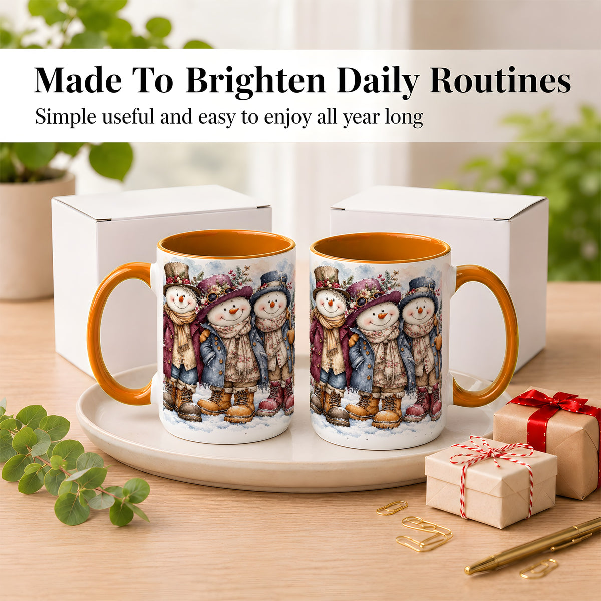 #pl[15oz|Orange] Vintage Snowman Trio Coffee Mug, Classic Winter Mug, Ceramic Cup