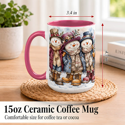 #pl[15oz|Pink] Vintage Snowman Trio Coffee Mug, Classic Winter Mug, Ceramic Cup
