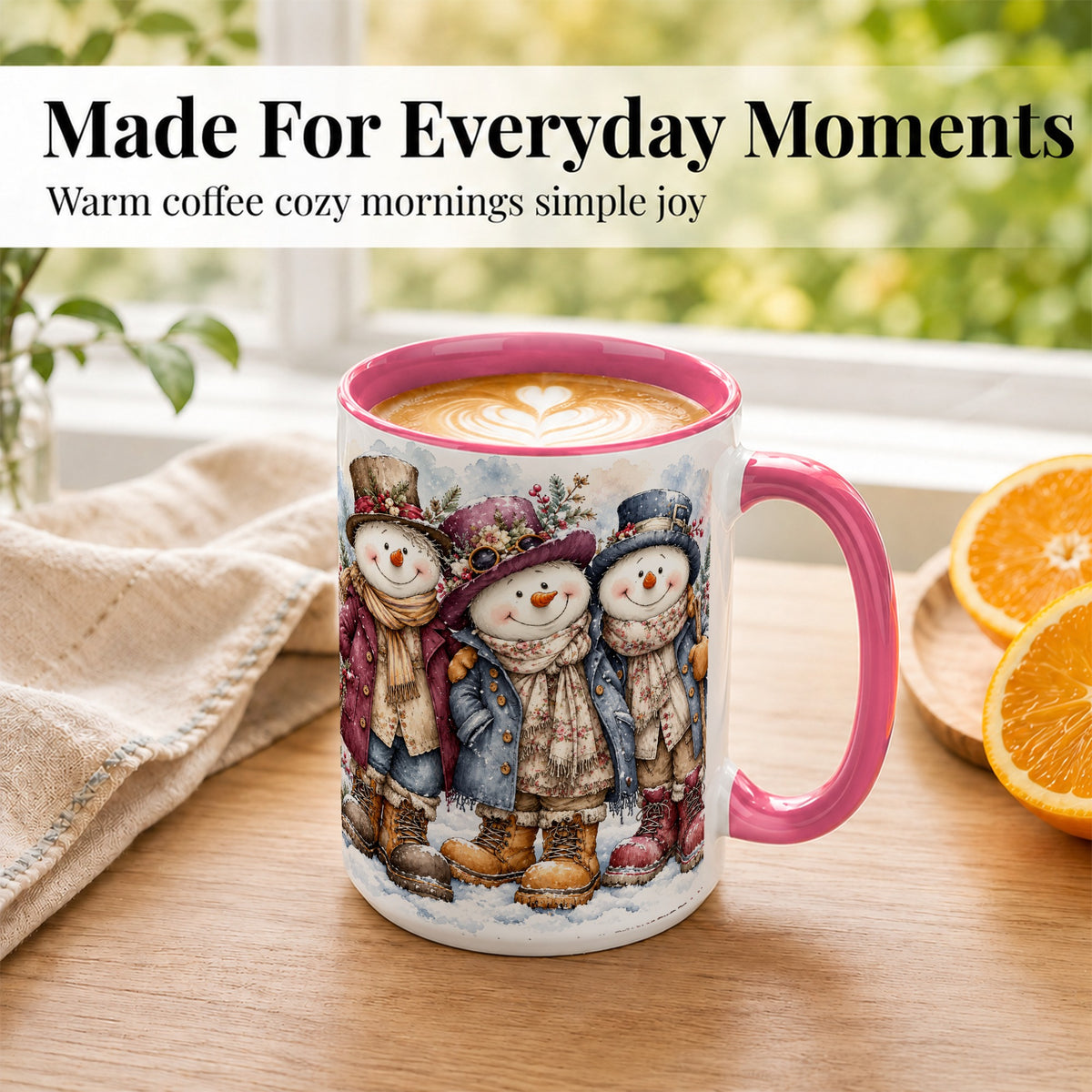 #pl[15oz|Pink] Vintage Snowman Trio Coffee Mug, Classic Winter Mug, Ceramic Cup