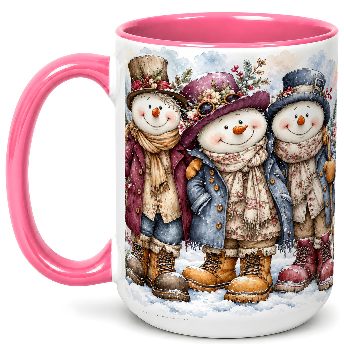 #pl[15oz|Pink] Vintage Snowman Trio Coffee Mug, Classic Winter Mug, Ceramic Cup