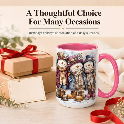 #pl[15oz|Pink] Vintage Snowman Trio Coffee Mug, Classic Winter Mug, Ceramic Cup