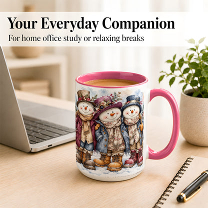 #pl[15oz|Pink] Vintage Snowman Trio Coffee Mug, Classic Winter Mug, Ceramic Cup