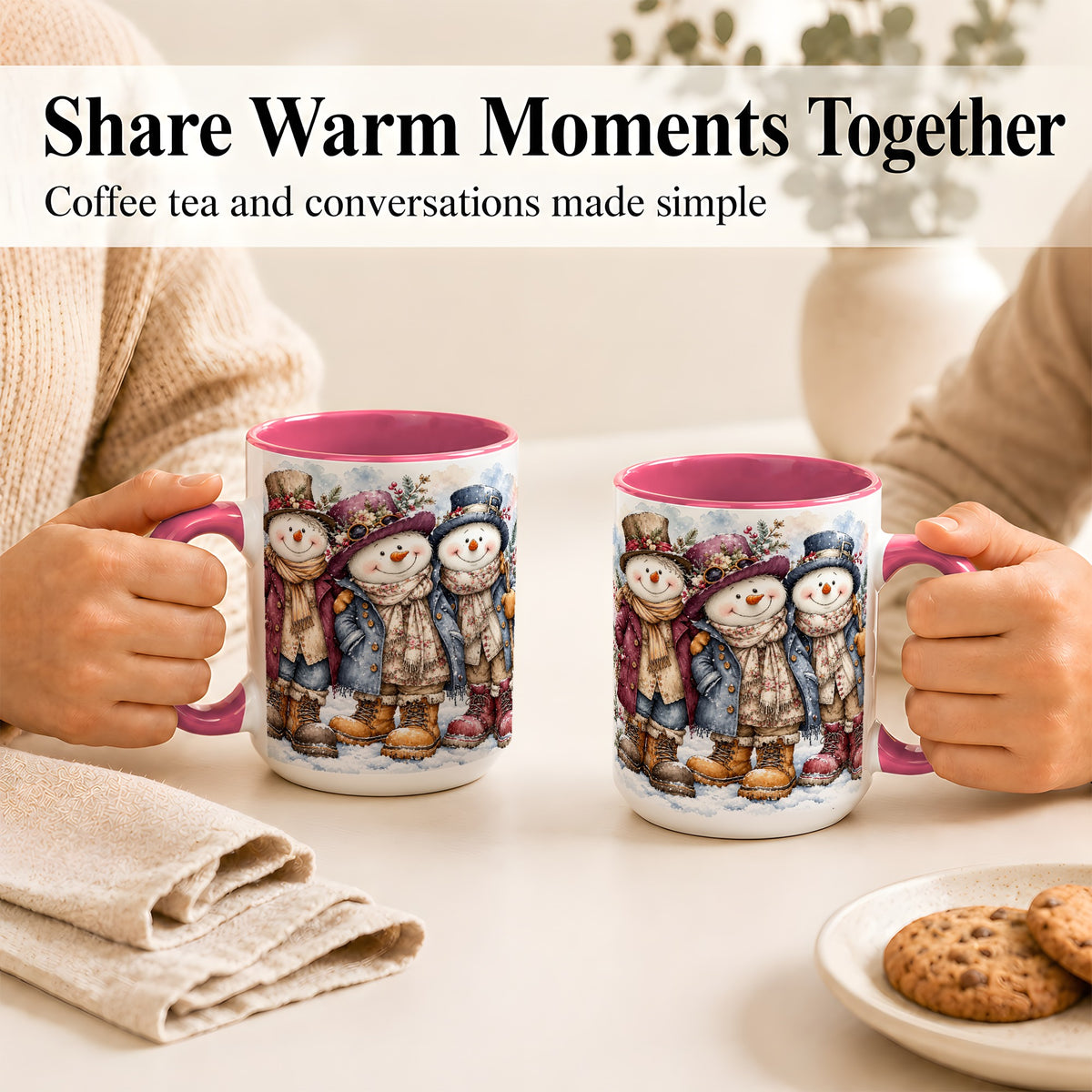 #pl[15oz|Pink] Vintage Snowman Trio Coffee Mug, Classic Winter Mug, Ceramic Cup