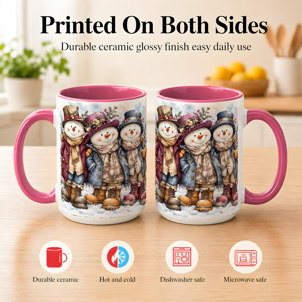 #pl[15oz|Pink] Vintage Snowman Trio Coffee Mug, Classic Winter Mug, Ceramic Cup