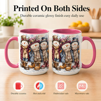#pl[15oz|Pink] Vintage Snowman Trio Coffee Mug, Classic Winter Mug, Ceramic Cup