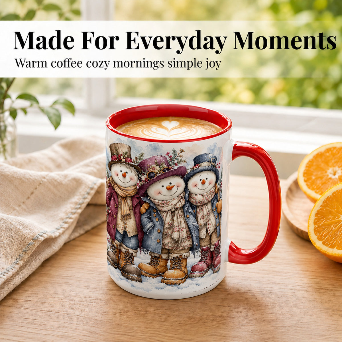 #pl[15oz|Red] Vintage Snowman Trio Coffee Mug, Classic Winter Mug, Ceramic Cup