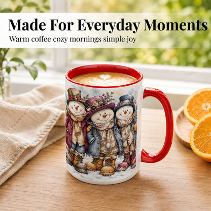 #pl[15oz|Red] Vintage Snowman Trio Coffee Mug, Classic Winter Mug, Ceramic Cup
