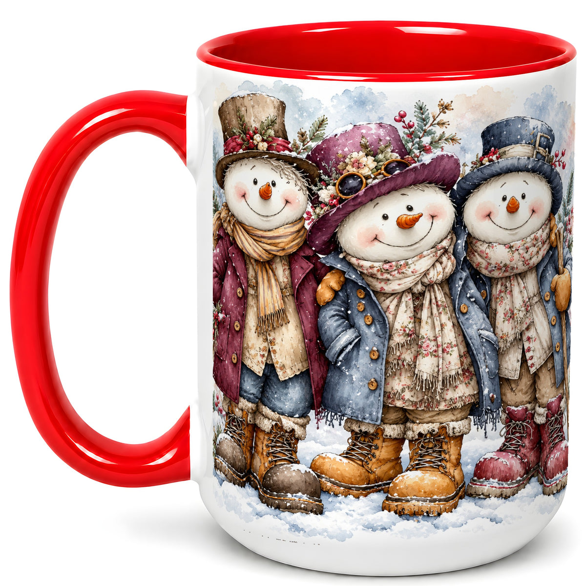 #pl[15oz|Red] Vintage Snowman Trio Coffee Mug, Classic Winter Mug, Ceramic Cup