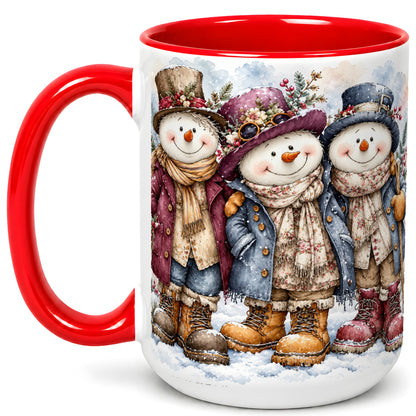 #pl[15oz|Red] Vintage Snowman Trio Coffee Mug, Classic Winter Mug, Ceramic Cup