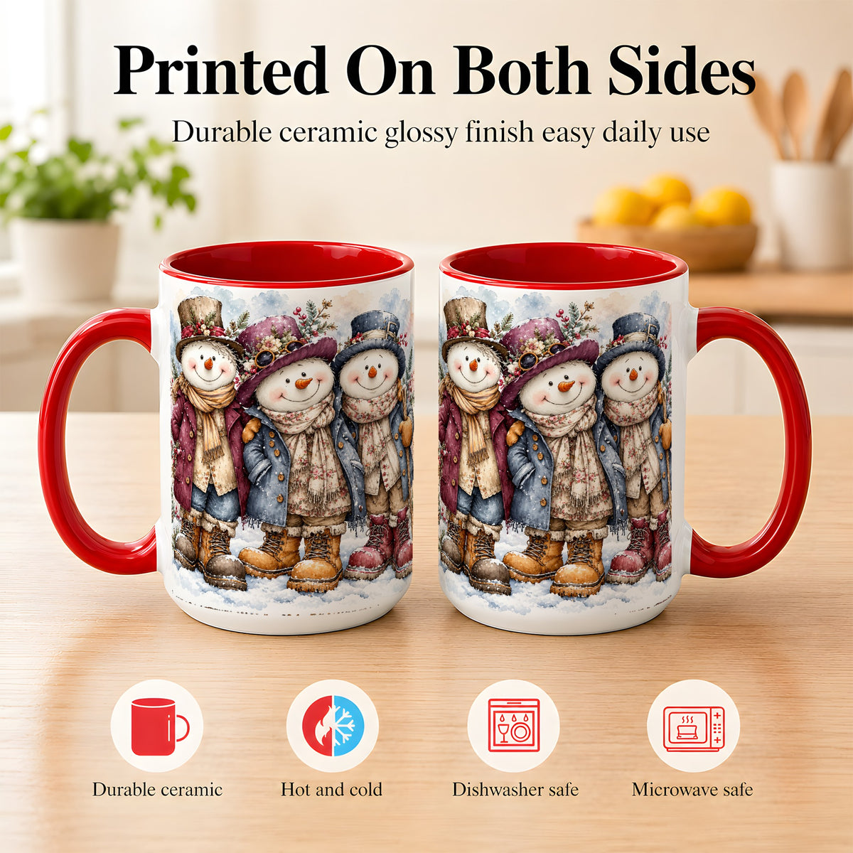 #pl[15oz|Red] Vintage Snowman Trio Coffee Mug, Classic Winter Mug, Ceramic Cup