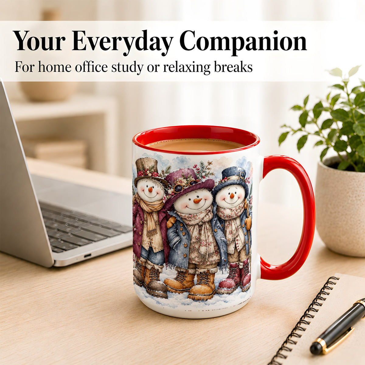 #pl[15oz|Red] Vintage Snowman Trio Coffee Mug, Classic Winter Mug, Ceramic Cup