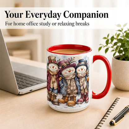 #pl[15oz|Red] Vintage Snowman Trio Coffee Mug, Classic Winter Mug, Ceramic Cup