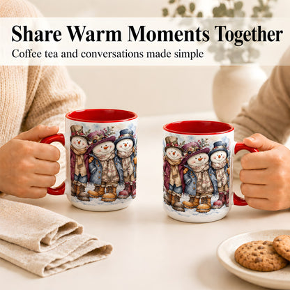 #pl[15oz|Red] Vintage Snowman Trio Coffee Mug, Classic Winter Mug, Ceramic Cup
