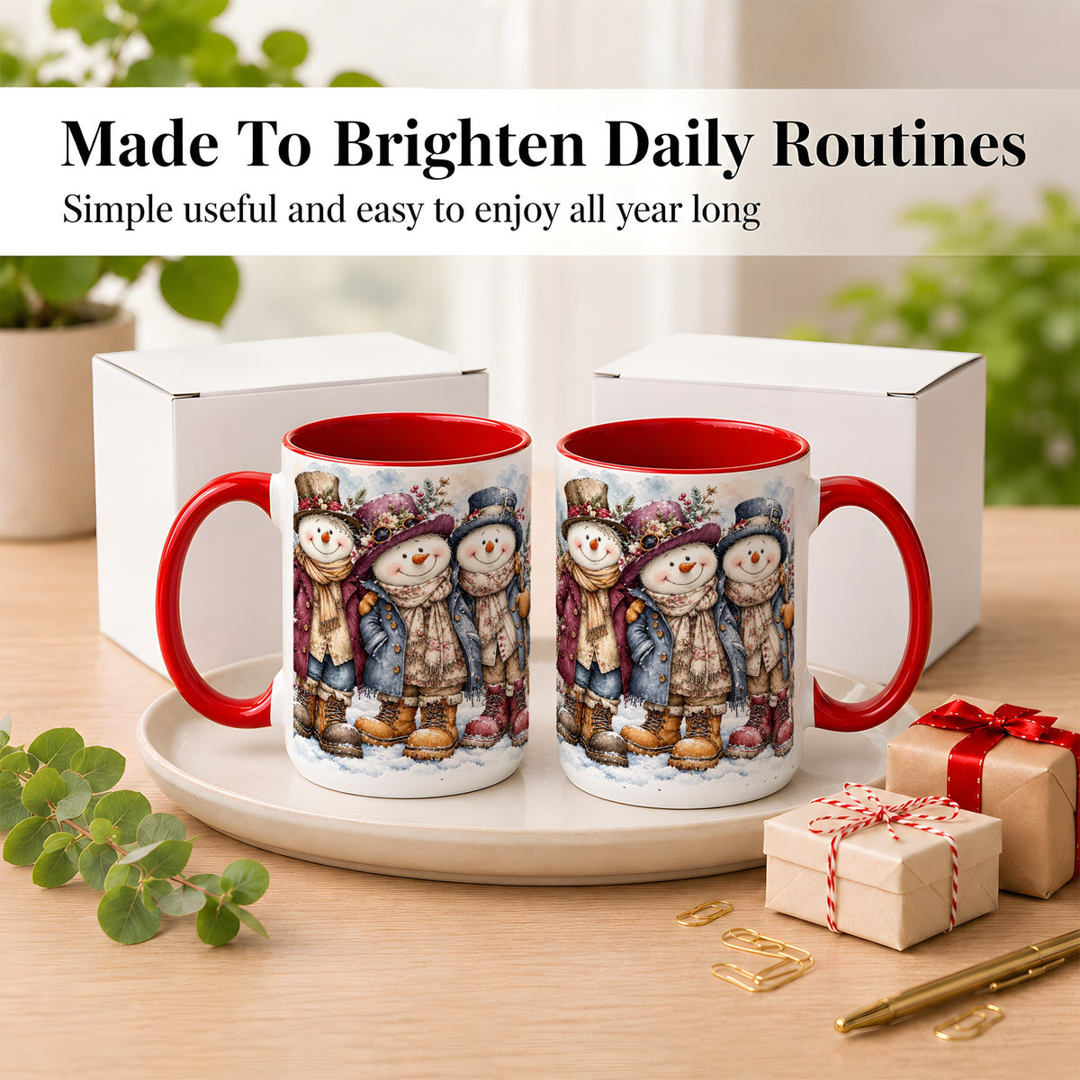 #pl[15oz|Red] Vintage Snowman Trio Coffee Mug, Classic Winter Mug, Ceramic Cup