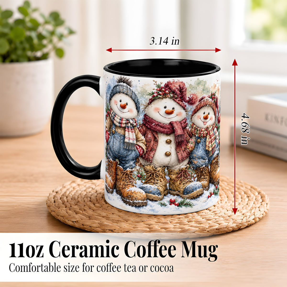#pl[11oz|Black] Snowman Family Coffee Mug, Winter Friends Mug, Ceramic Cup