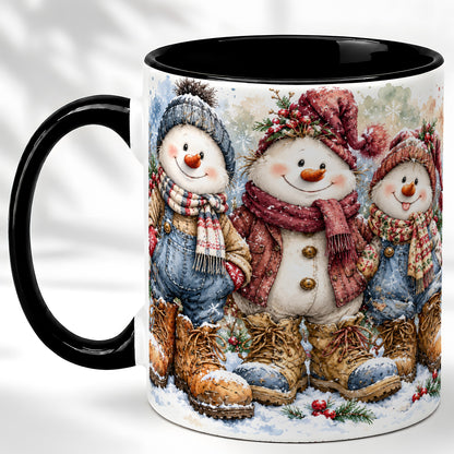 #pl[11oz|Black] Snowman Family Coffee Mug, Winter Friends Mug, Ceramic Cup