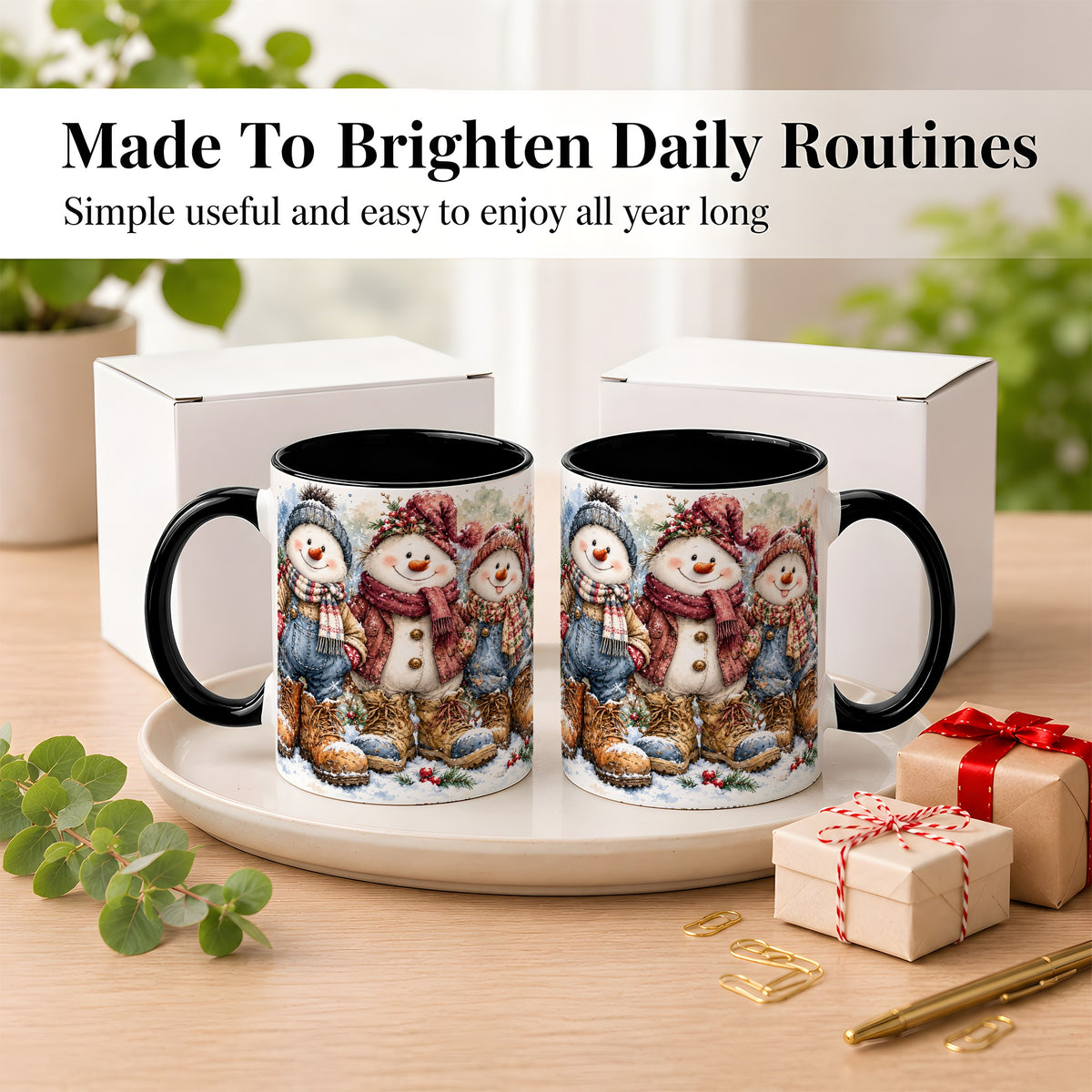 #pl[11oz|Black] Snowman Family Coffee Mug, Winter Friends Mug, Ceramic Cup