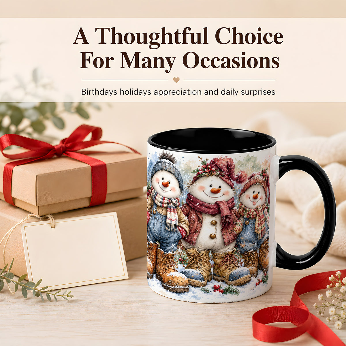 #pl[11oz|Black] Snowman Family Coffee Mug, Winter Friends Mug, Ceramic Cup