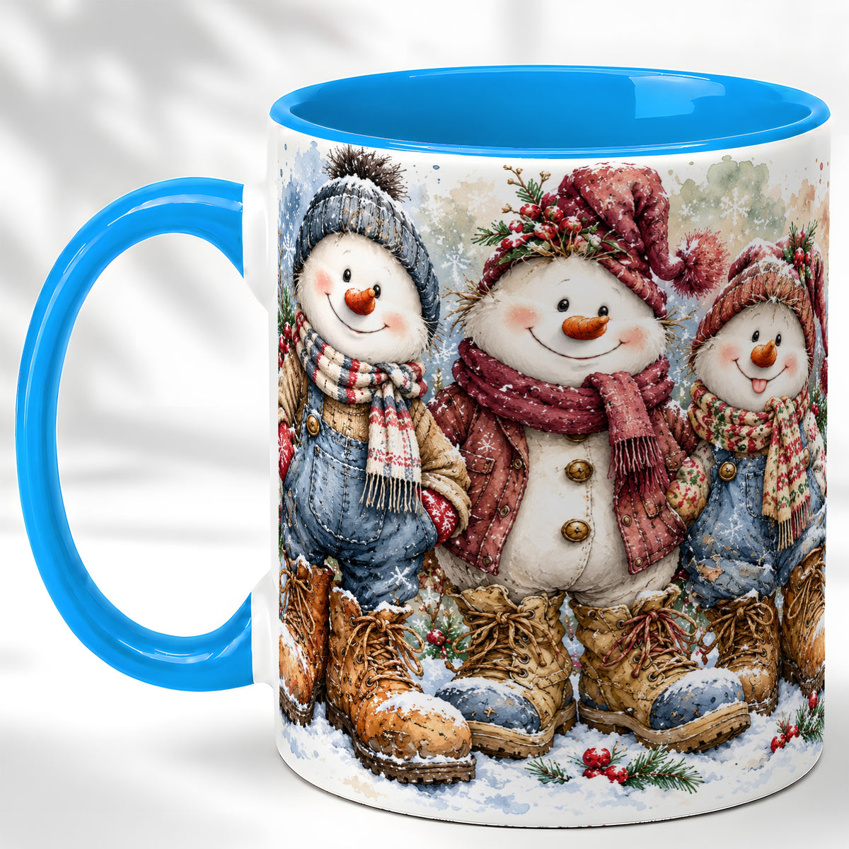 #pl[11oz|Blue] Snowman Family Coffee Mug, Winter Friends Mug, Ceramic Cup