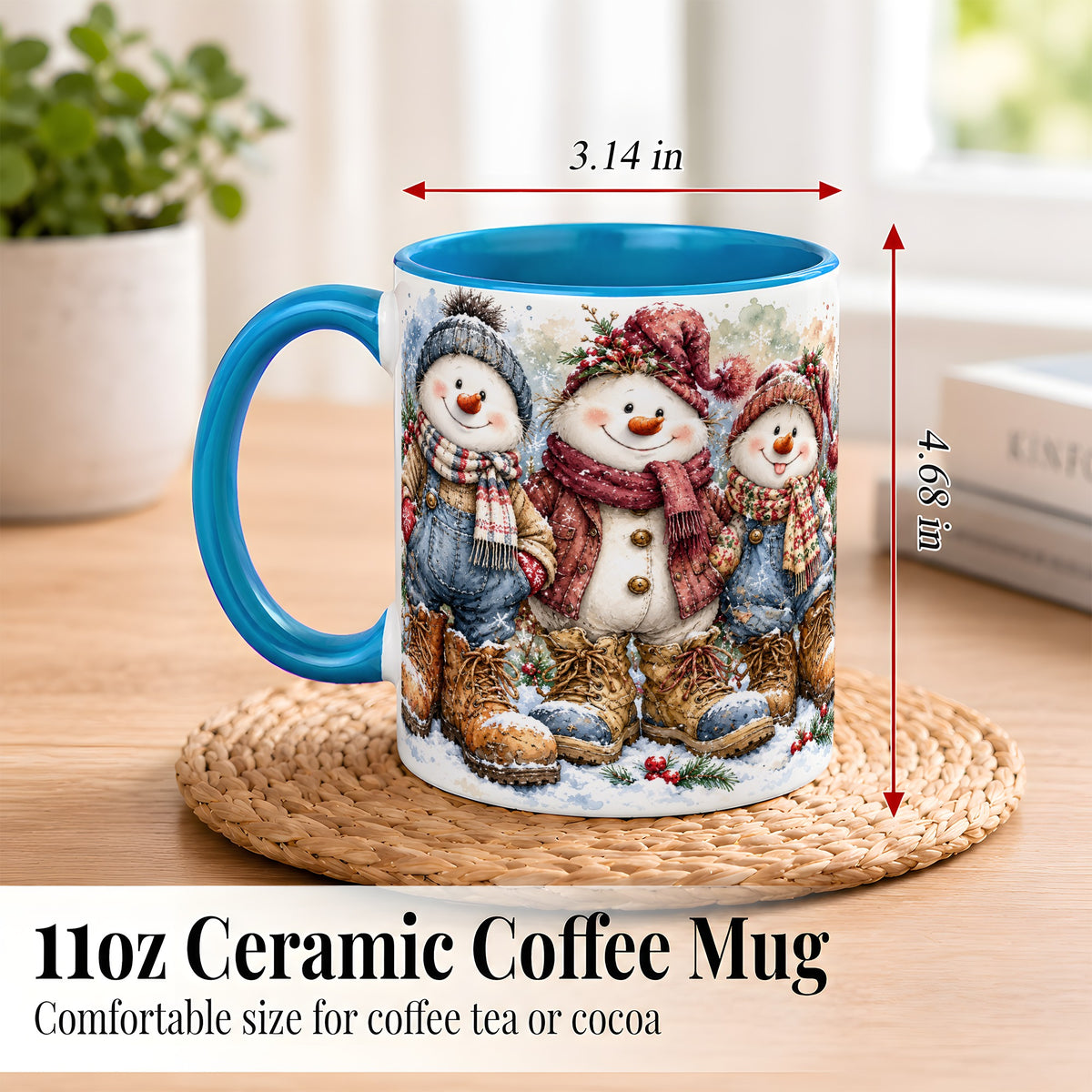 #pl[11oz|Blue] Snowman Family Coffee Mug, Winter Friends Mug, Ceramic Cup