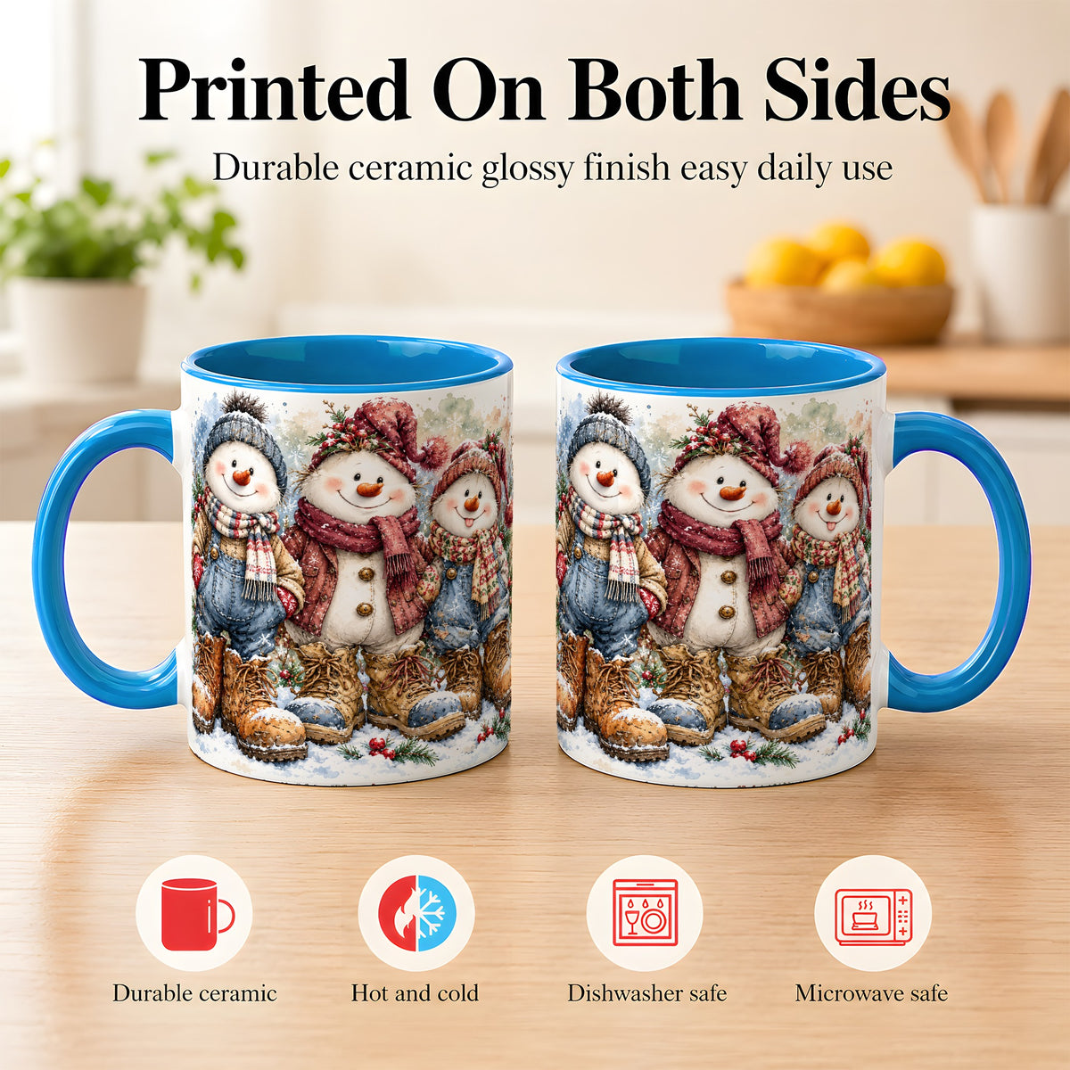 #pl[11oz|Blue] Snowman Family Coffee Mug, Winter Friends Mug, Ceramic Cup