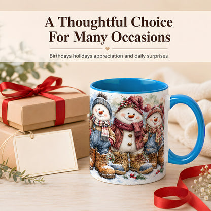 #pl[11oz|Blue] Snowman Family Coffee Mug, Winter Friends Mug, Ceramic Cup