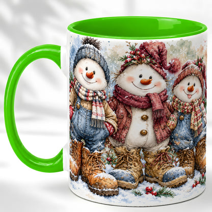 #pl[11oz|Green] Snowman Family Coffee Mug, Winter Friends Mug, Ceramic Cup