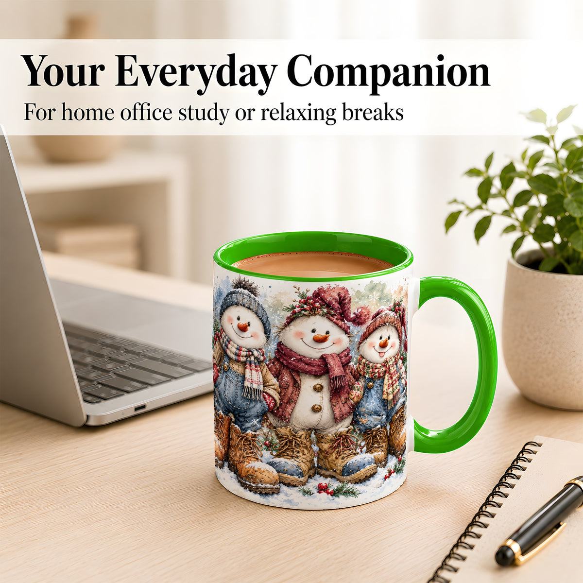 #pl[11oz|Green] Snowman Family Coffee Mug, Winter Friends Mug, Ceramic Cup