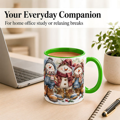 #pl[11oz|Green] Snowman Family Coffee Mug, Winter Friends Mug, Ceramic Cup
