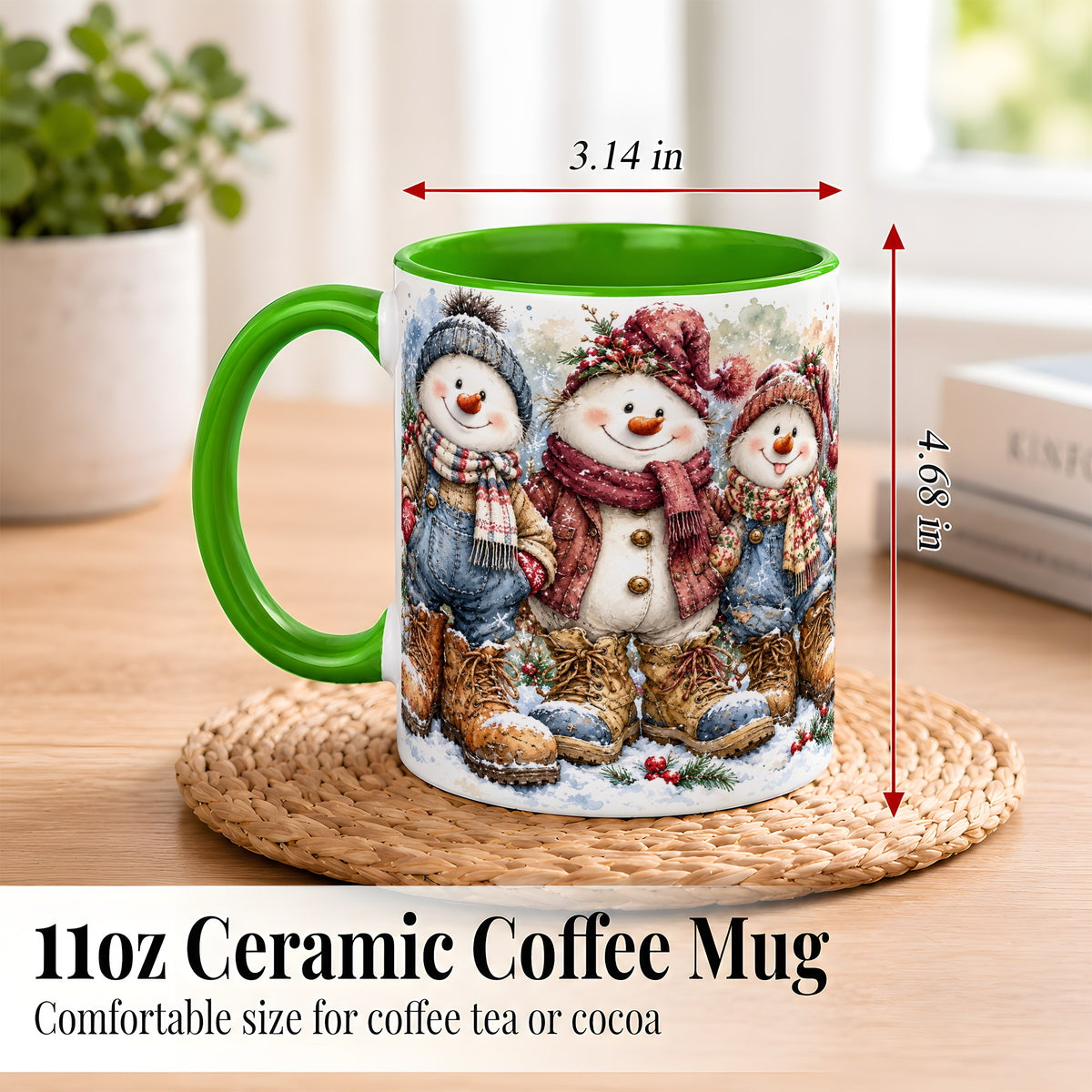 #pl[11oz|Green] Snowman Family Coffee Mug, Winter Friends Mug, Ceramic Cup