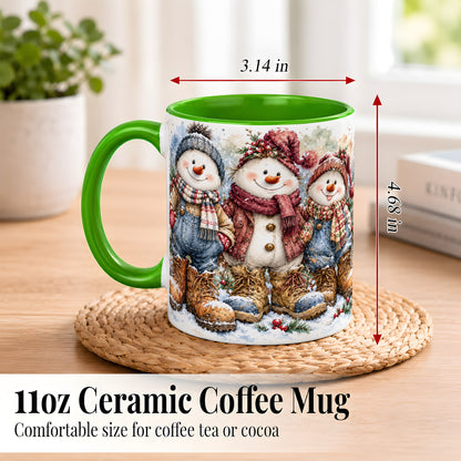 #pl[11oz|Green] Snowman Family Coffee Mug, Winter Friends Mug, Ceramic Cup