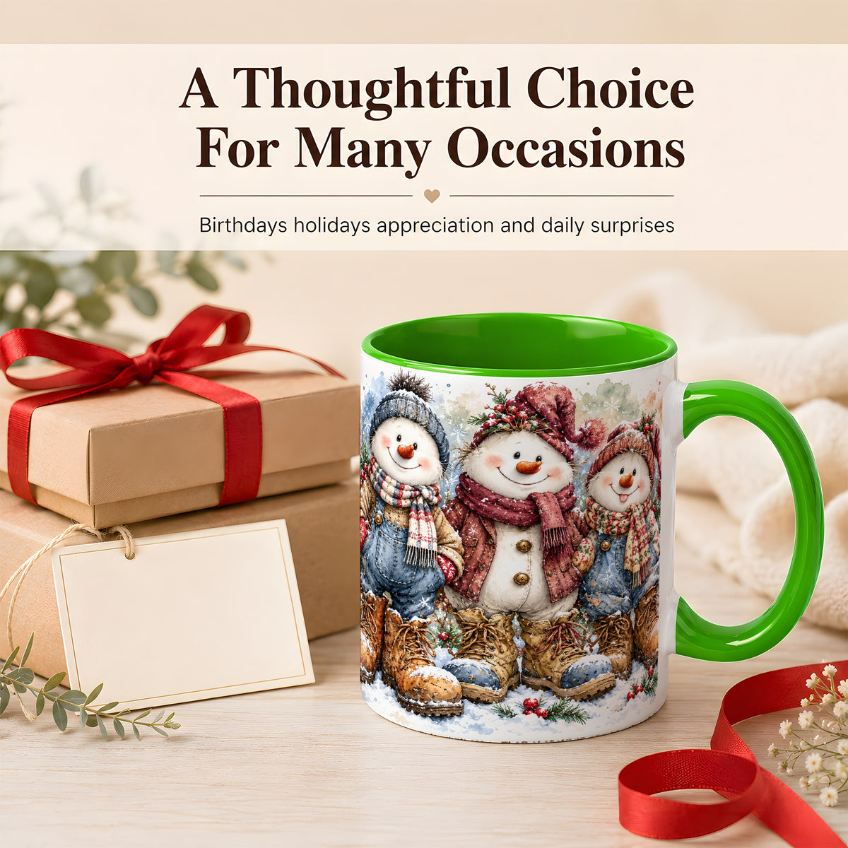 #pl[11oz|Green] Snowman Family Coffee Mug, Winter Friends Mug, Ceramic Cup