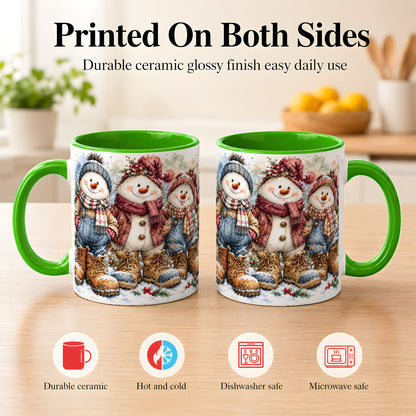 #pl[11oz|Green] Snowman Family Coffee Mug, Winter Friends Mug, Ceramic Cup