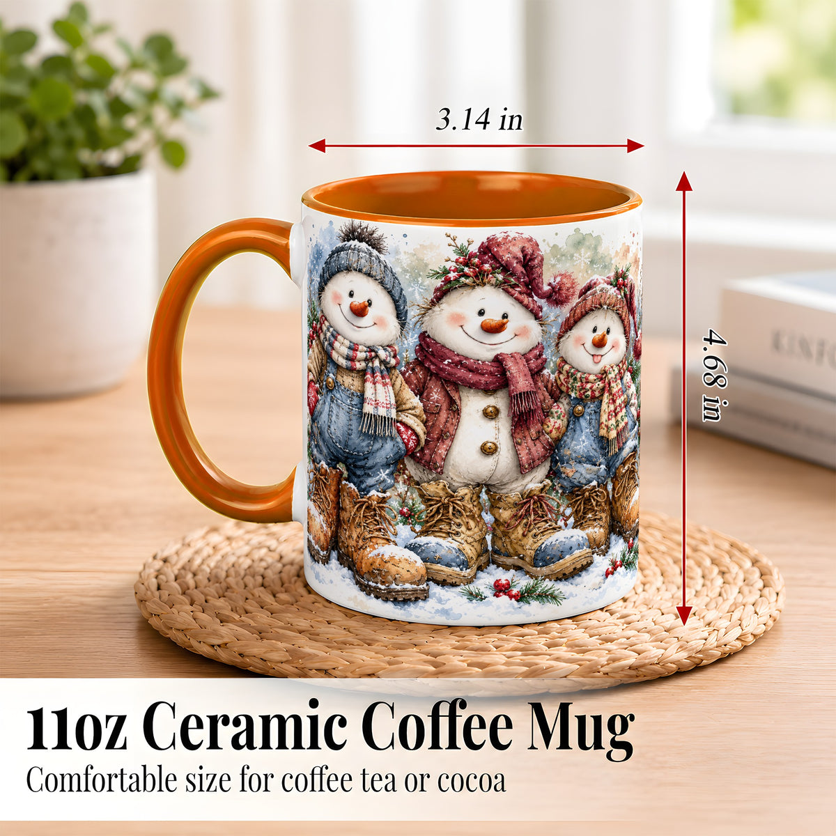 #pl[11oz|Orange] Snowman Family Coffee Mug, Winter Friends Mug, Ceramic Cup